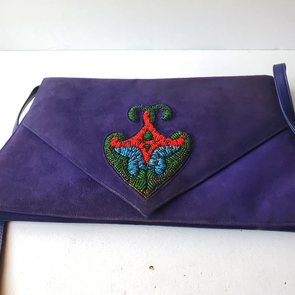 Vintage Charles Jourdan Paris  Purple Suede and Leather Shoulder Bag . - Picture 3 of 8